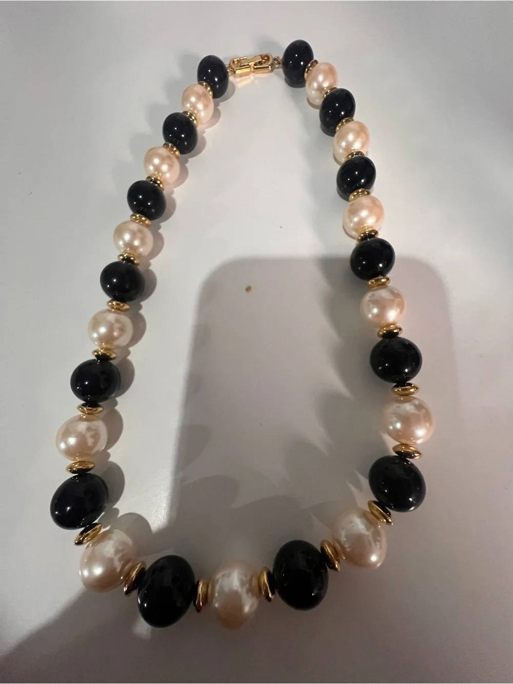 Classic Black & Ivory Pearl Bead Necklace - Gold Accents